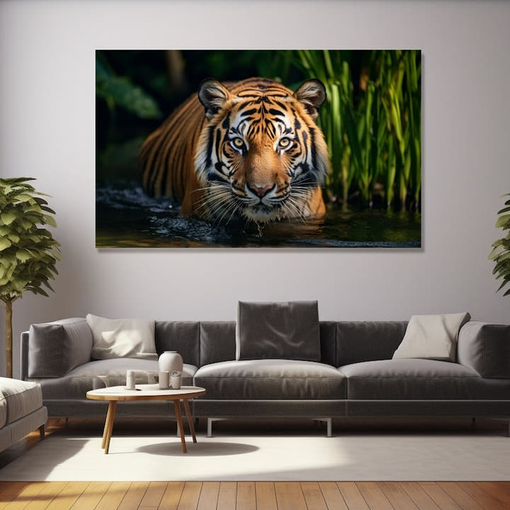Photographic tiger wading through dark water beside green reeds