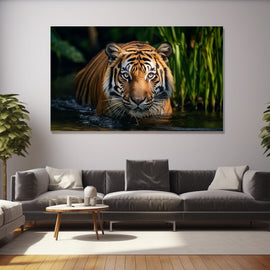 Photographic tiger wading through dark water beside green reeds