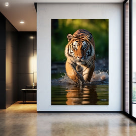 Photograph of a tiger wading through water against green foliage