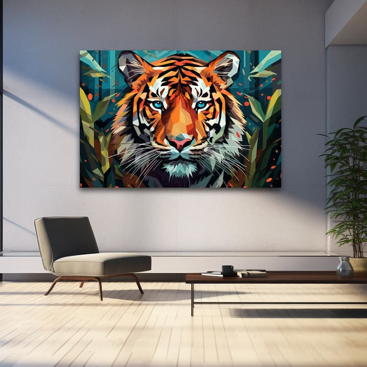 Geometric low-poly tiger in orange with blue eyes and teal foliage