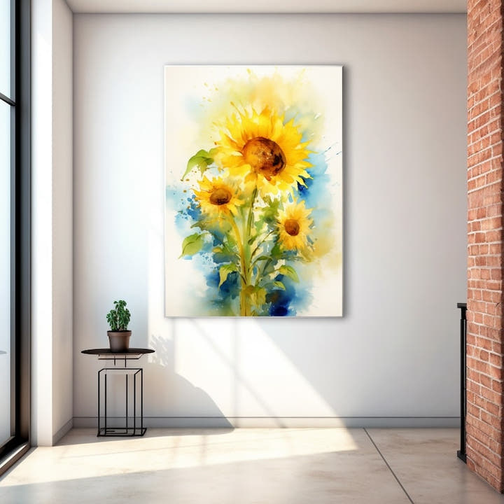 Watercolour painting of golden sunflowers against cool blue washes