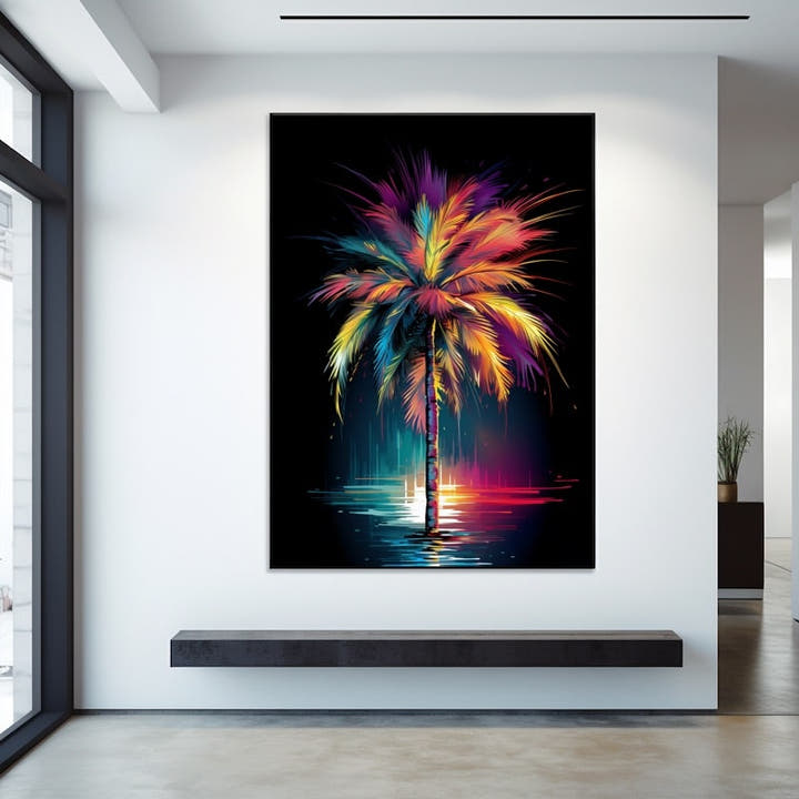 Abstract neon palm tree painting reflected in water on black