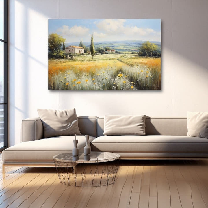Tuscan wildflower meadow painting with yellow buttercups and a stone farmhouse among cypresses