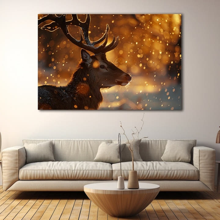 Stag in profile glowing in golden hour light with amber particles in winter air