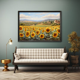Painting of a Tuscan sunflower field with rolling hills