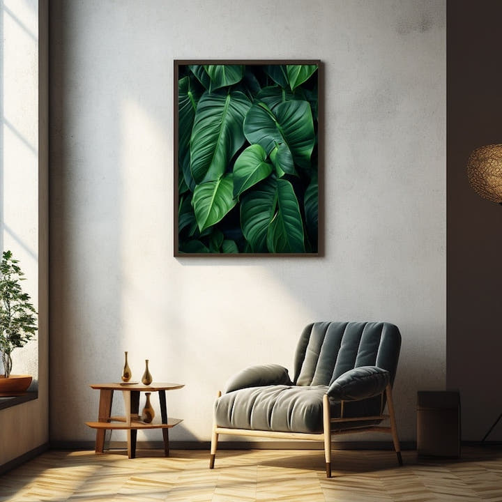 Broad heart-shaped tropical leaves in deep forest green, lit from above
