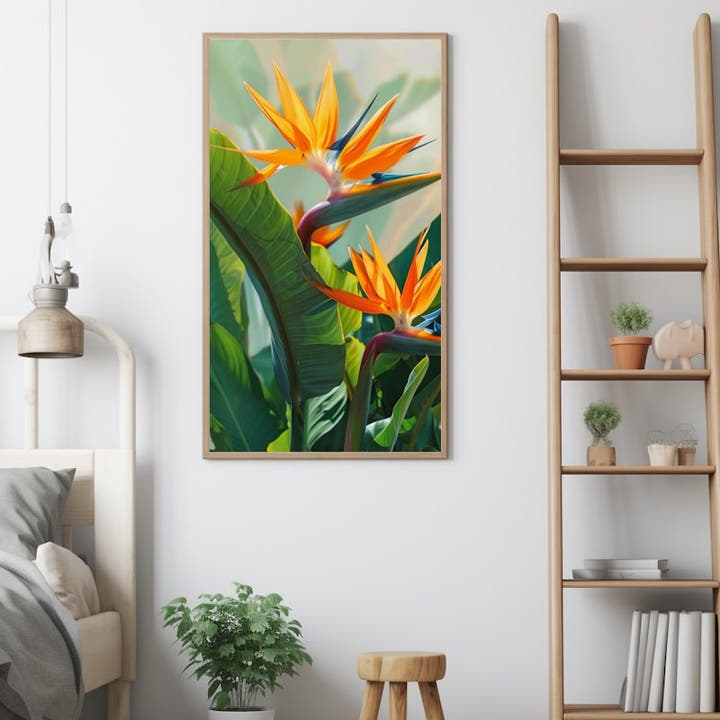 Painting of orange bird of paradise flowers among emerald leaves