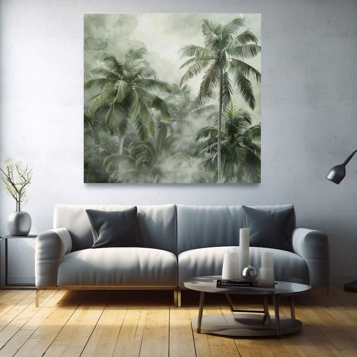 Misty watercolour-style canopy of coconut palms in soft sage and grey-green tones