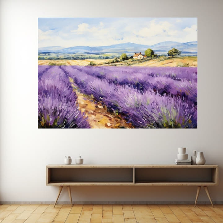 Impressionist painting of a purple lavender field with a farmhouse