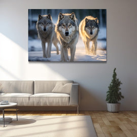 Three grey wolves walking through snow in golden dawn light