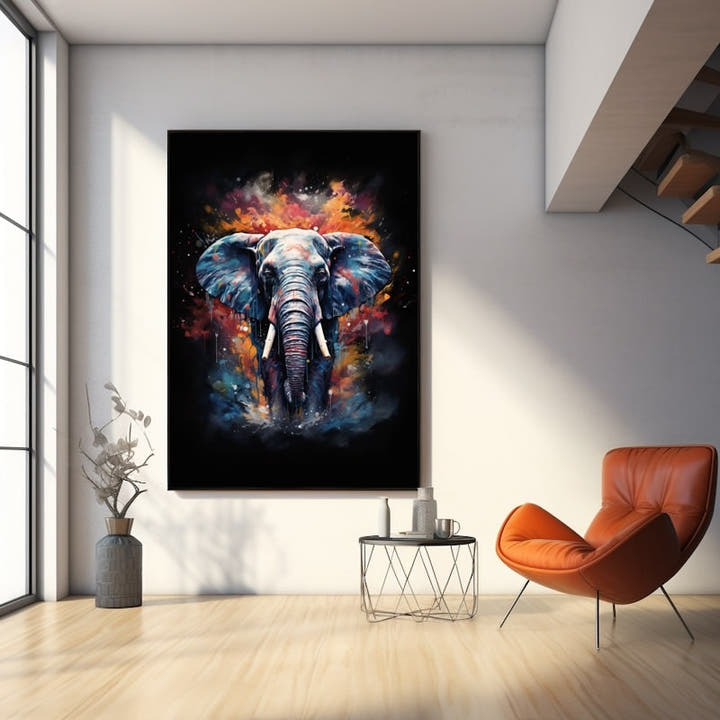 Expressive elephant painting in fiery orange and blue strokes on black