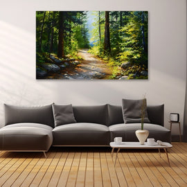 Acrylic painting of a sunlit forest path between green pines