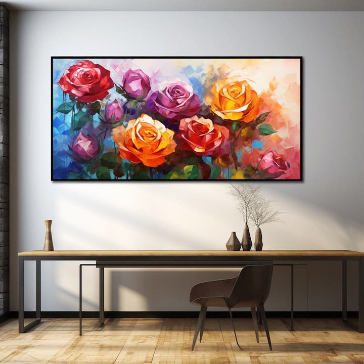 Colourful oil painting of red, violet and orange roses
