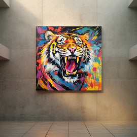 Colourful canvas of a roaring tiger with bared fangs amid blue, magenta and orange paint splashes