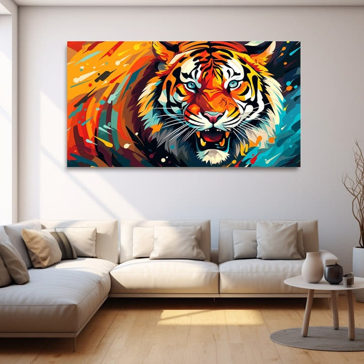 Geometric low-poly tiger in orange and teal panoramic canvas