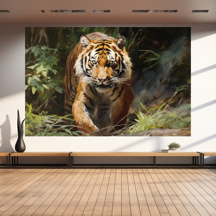 Bengal tiger striding forward through a sunlit green jungle, painted in oil style