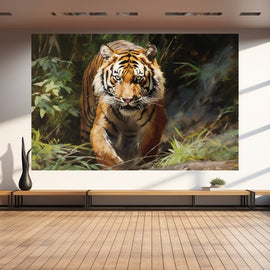 Bengal tiger striding forward through a sunlit green jungle, painted in oil style