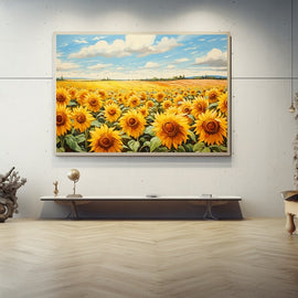 Field of golden sunflowers under a blue summer sky