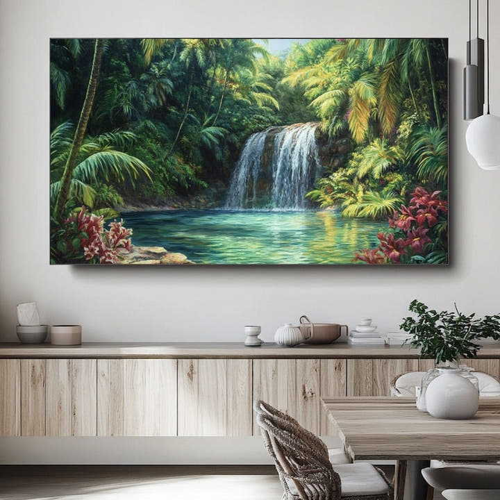 Oil-style tropical waterfall pouring into a turquoise lagoon framed by palms and red lilies