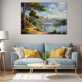Painting of a clear mountain lake framed by an arching pine with distant peaks beyond