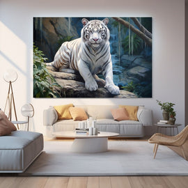 White tiger crouched on a rock beside a hidden blue waterfall