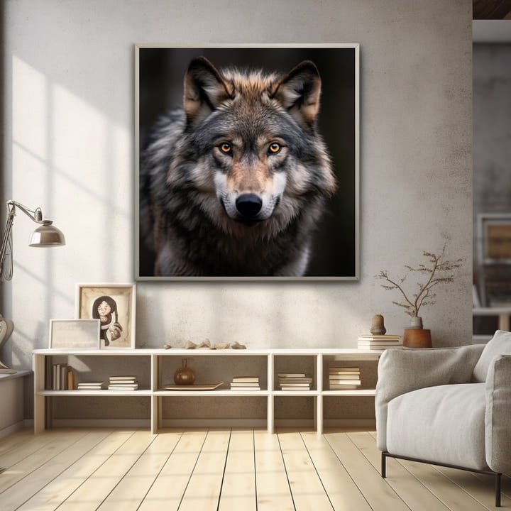 Grey wolf face portrait with amber eyes on soft woodland background