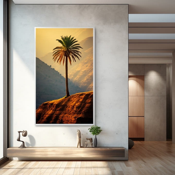 Lone palm tree on an ochre ridge against a golden hazy sky