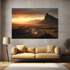 Sunset valley landscape with a winding river and a mountain ridge