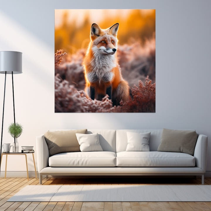 Red fox sitting in frosted golden moorland at sunrise