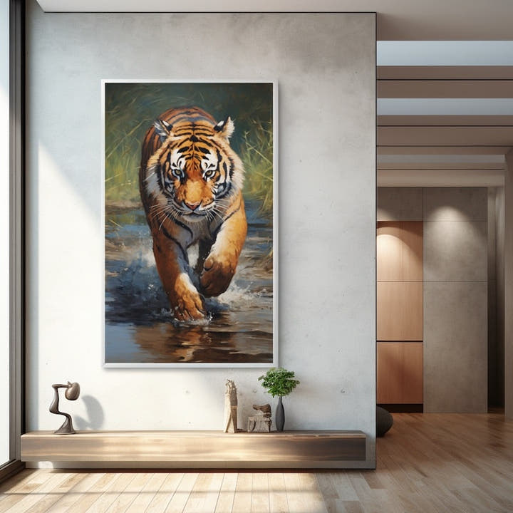 Tiger charging through shallow water with paw raised, tall vertical canvas