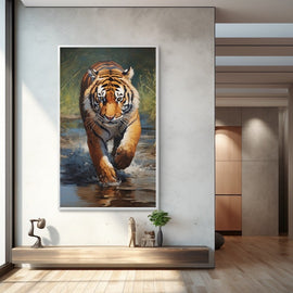 Tiger charging through shallow water with paw raised, tall vertical canvas