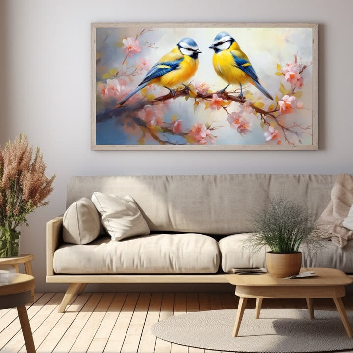 Acrylic painting of two blue tits on a pink cherry blossom branch