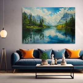 Mountain lake reflecting pine forest and snow-capped peaks under blue sky