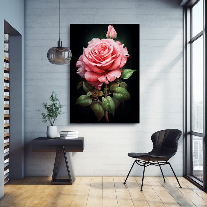 Pink rose with bud and green leaves on a black background