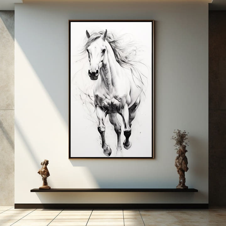 Charcoal and graphite drawing of a galloping white horse with flowing mane
