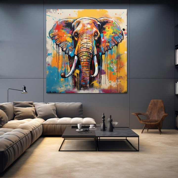 Colourful pop-art African elephant with dripping paint