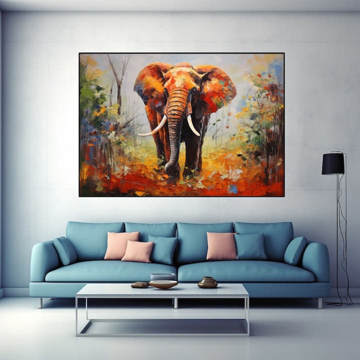 African elephant in fiery palette-knife colour, oranges and reds