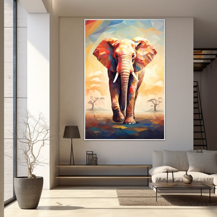 Geometric elephant painting walking through a colourful savannah sunset