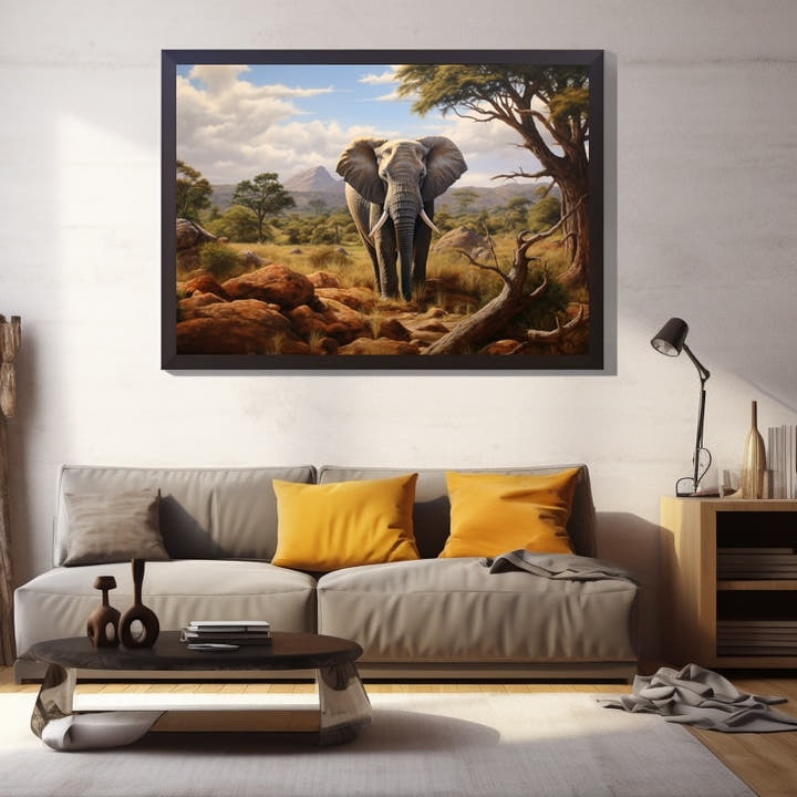 Elephant walking the African savanna among acacia trees and red rocks
