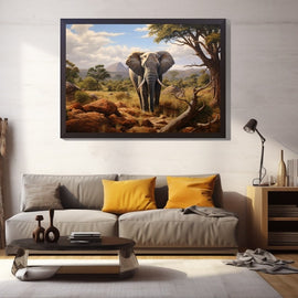 Elephant walking the African savanna among acacia trees and red rocks