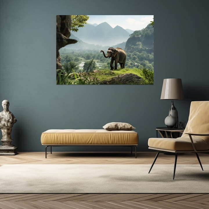 Asian elephant on a green ridge above a tropical valley