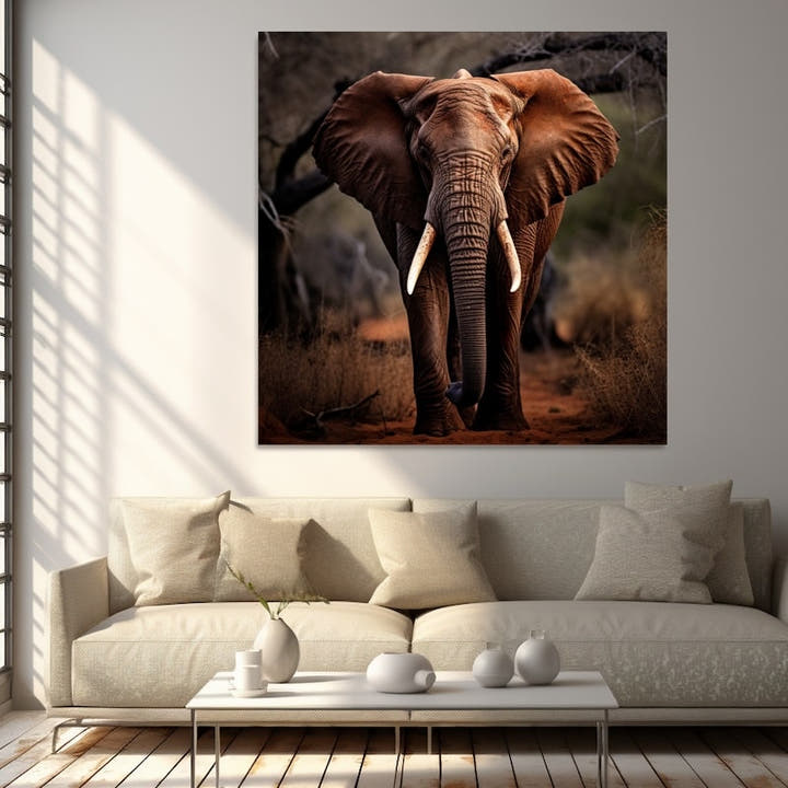 African elephant walking toward viewer across red savannah at golden hour