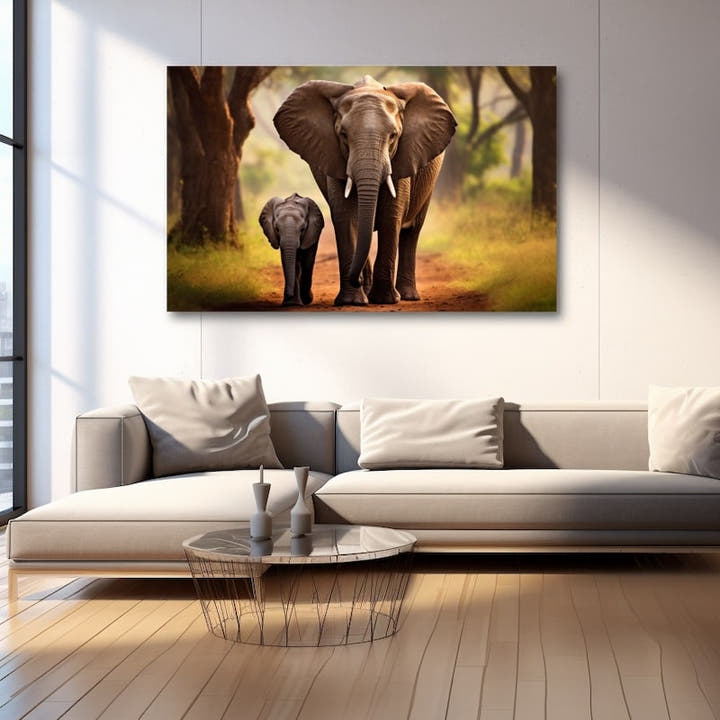 Adult elephant and calf walking a sunlit woodland trail