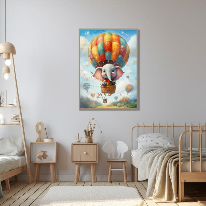 Baby elephant flying in a rainbow hot air balloon above green hills