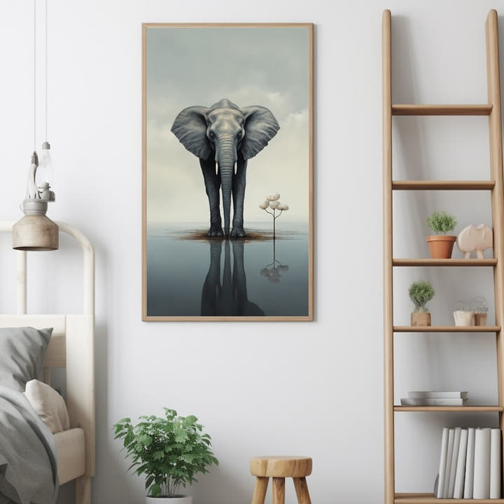 Lone elephant reflected on still water beneath a soft sky with a single bloom