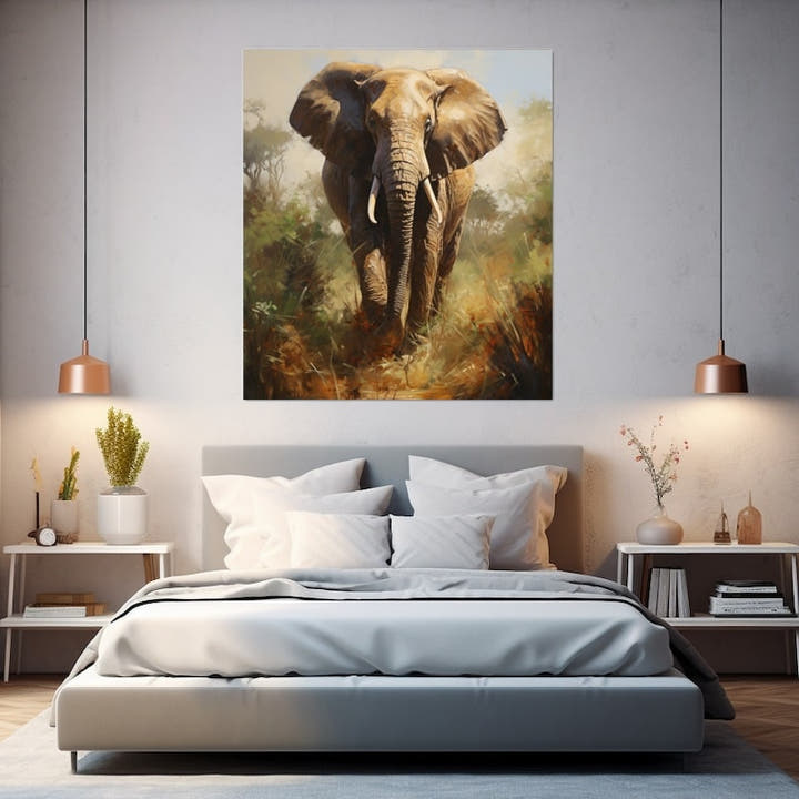 Painterly elephant walking through golden sunlit savannah grass