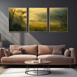 Three-panel misty meadow at golden dawn with a lone tree