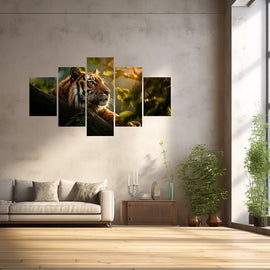 Tiger resting on a branch in dappled light, five-panel artwork