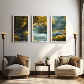 Three-panel painting of a woodland river in golden autumn light with a tumbling stream