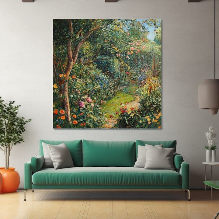 Impressionist cottage garden with grass path and climbing pink roses